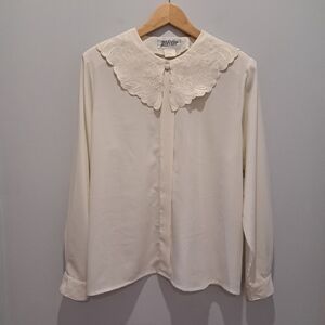 Vtg Yves St. Clair Cream Blouse with Peter Pan Embroidered Collar Womens XL